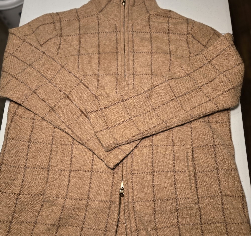 Lauren Ralph Lauren Vtg Lambswool Cardigan Sweater Zip Tan Plaid 2X